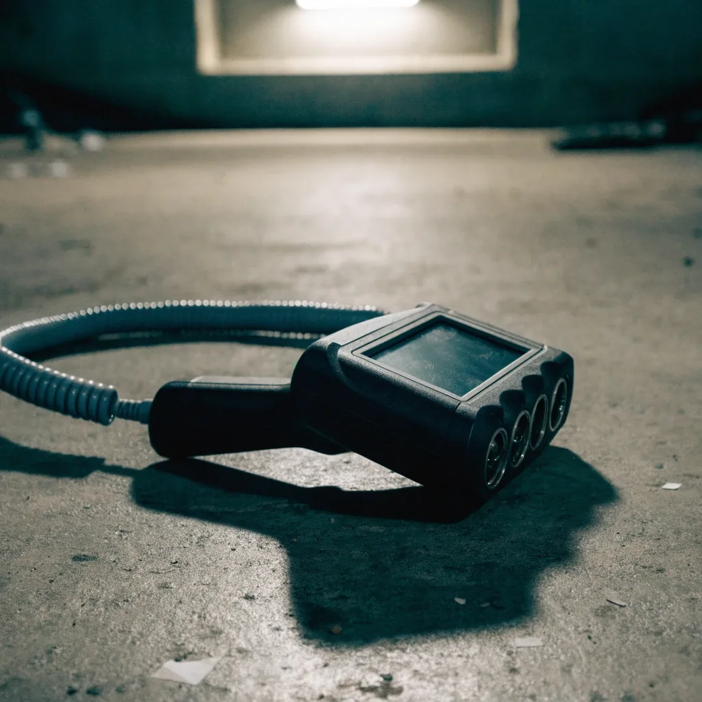 جهاز فحص متعدد الأنظمة على أرضية الورشة بجانب كابل ملفوف