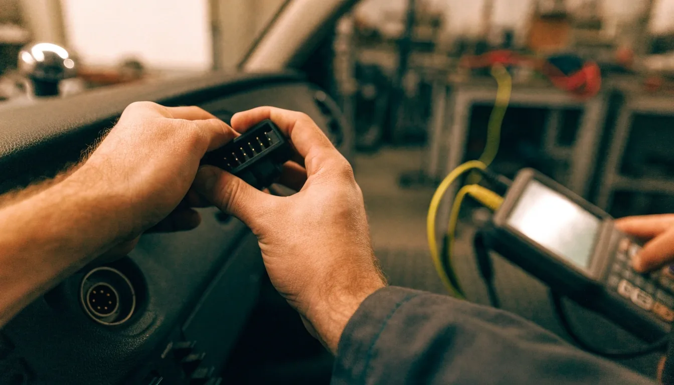 فني يوصّل قارئ الأعطال بمنفذ OBD2 أسفل لوحة القيادة