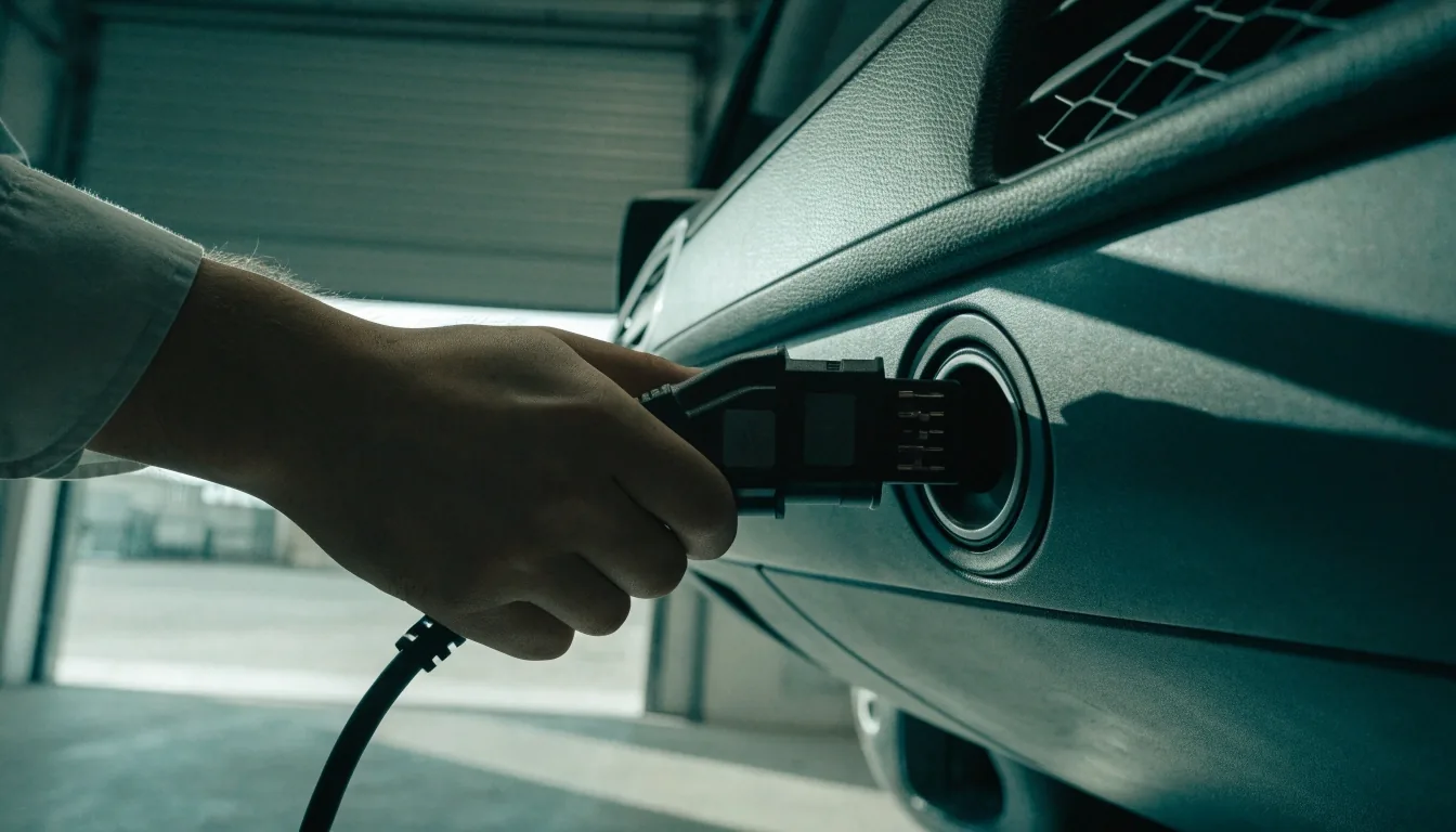 فني يوصل قابس OBD2 في منفذ الفحص أسفل لوحة قيادة السيارة